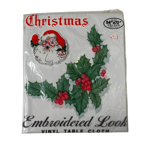 Vintage Embroidered Look Vinyl Lace Christmas 54 x 72 Oblong Tablecloth NEW - Picture 1 of 7